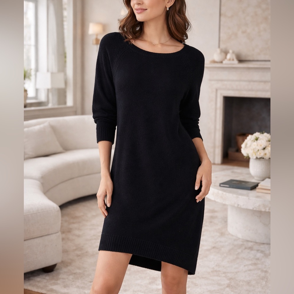 Neiman Marcus Cashmere Black Asymmetrical Hem Knit Sweater Dress Size L